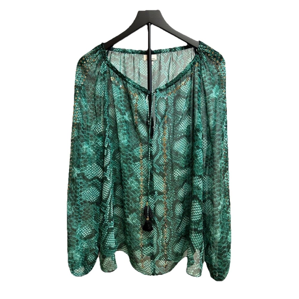 ALTUZARRA Womens Size M Multicolor Green Sheer Top With Sequins Long Sleeve